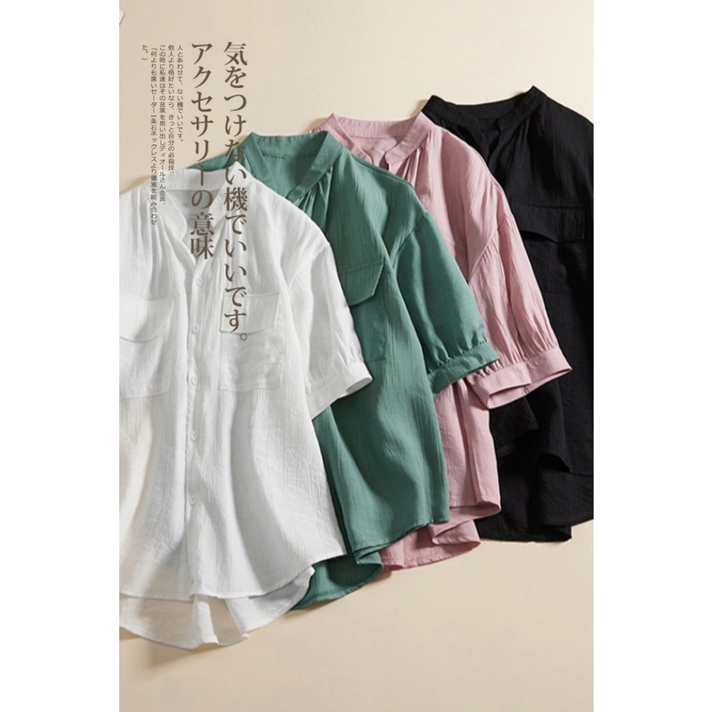Ice cotton linen short-sleeved shirt thin pleated casual linen blouse cut label mall withdrawal
