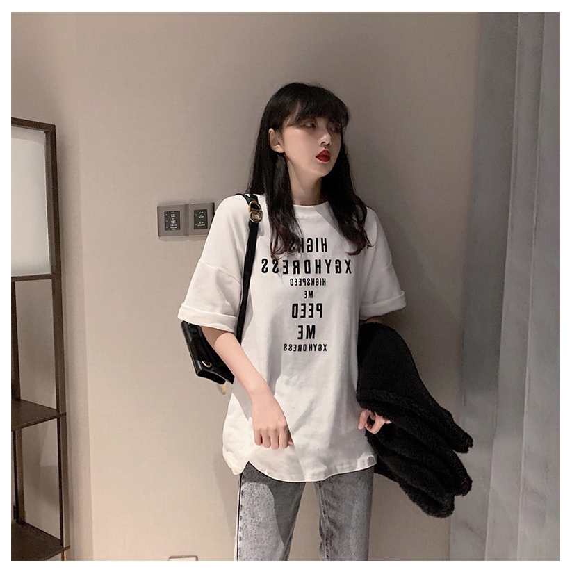 SUXI Áo Thun Dáng Dài In Chữ Thời Trang Hàn Quốc Cho Nữ
