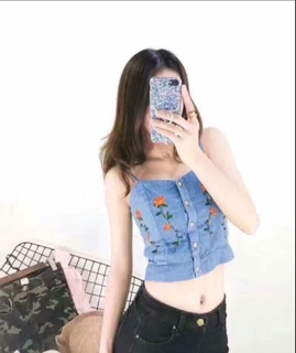 áo 2 dây jeans thêu hoa QC