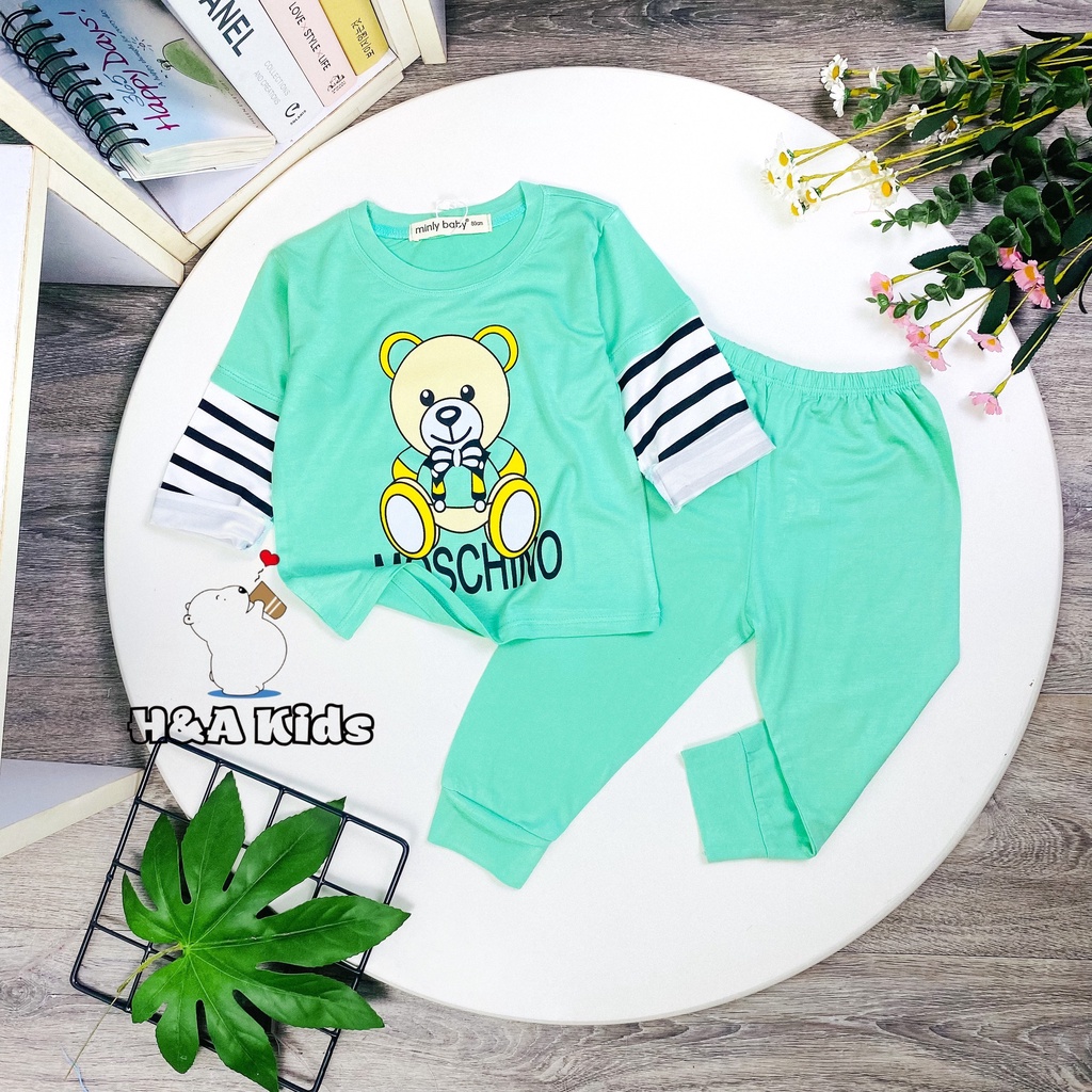 [Bé 20-33kg] Bộ tay dài thun lạnh SIZE ĐẠI Minky mom in hình trước ngực phối tay sọc cho bé trai bé gái từ 20-33kg