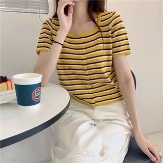 Áo Thun Cổ Vuông 🍀Áo Kẻ Chất Len Tăm Giả Cúc Ulzzang Hot