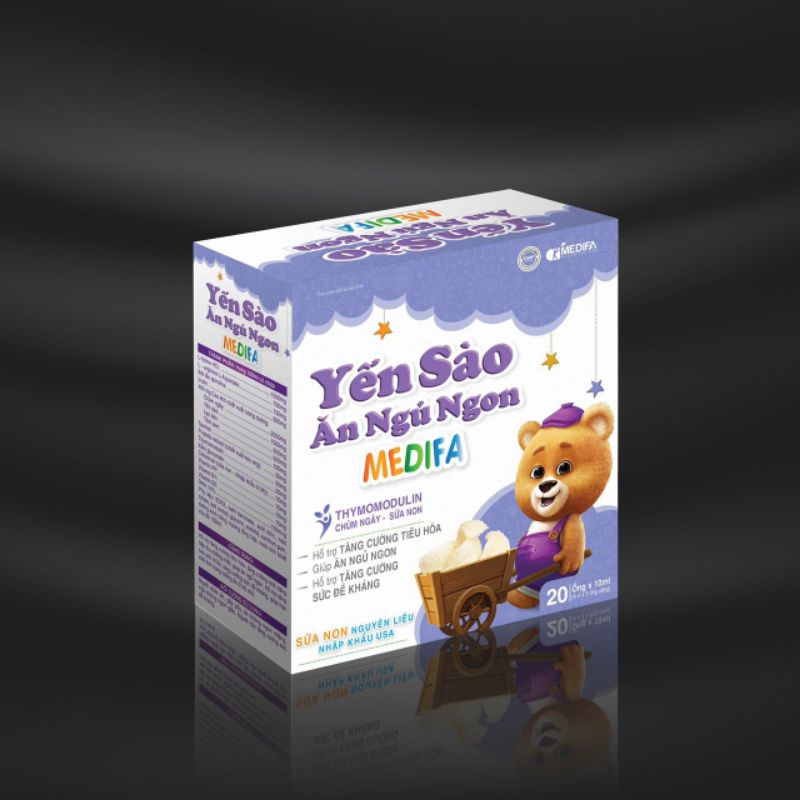 Yến sào ăn ngủ ngon Medifa với nguyên liệu sữa non nhập khẩu Mỹ và thành phần yến sào, giúp bé ăn ngon ngủ tốt
