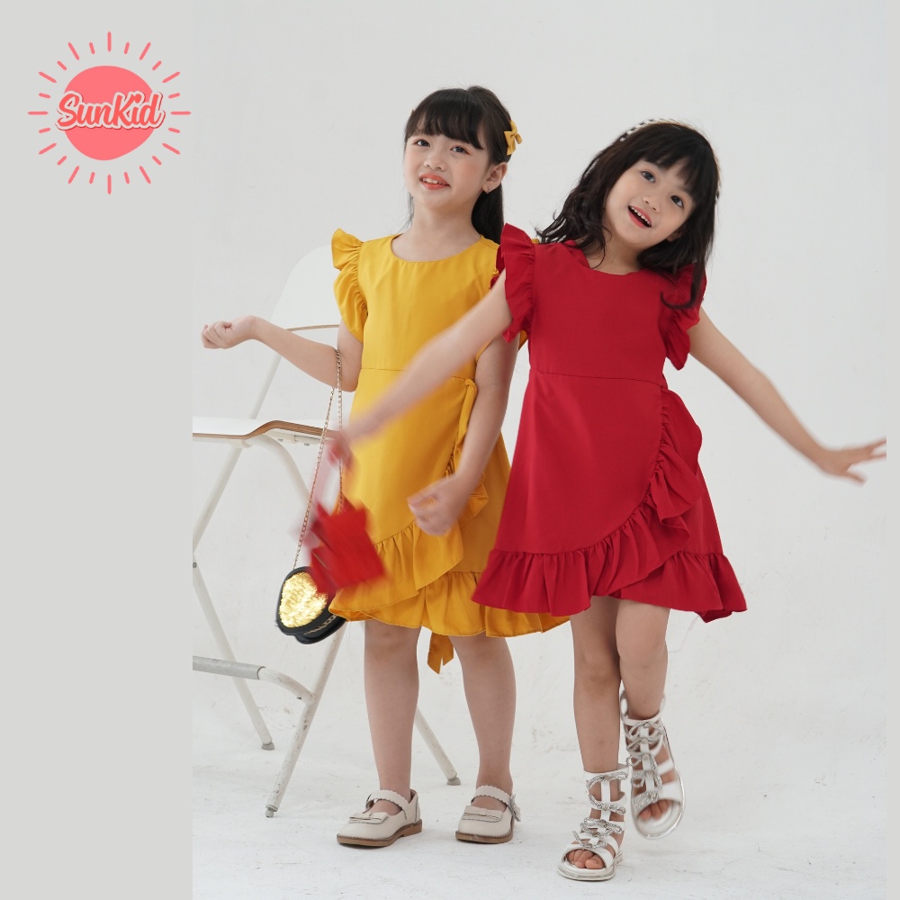 Váy bé gái Sunkid SN4 màu vàng tay áo cánh tiên dịu dàng vải trượt nhật cao cấp size trẻ em 4-12 tuổi