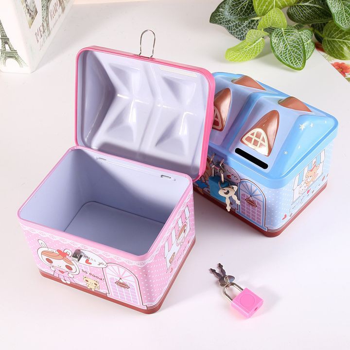 két sắt đựng tiền cho bé hình ngôi nhà và hình chú lợn