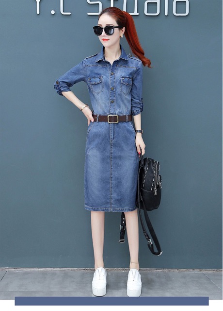 Đầm jean nữ cổ sơ mi bao đẹp hàng xịn kèm nịt size M L XL 2Xl