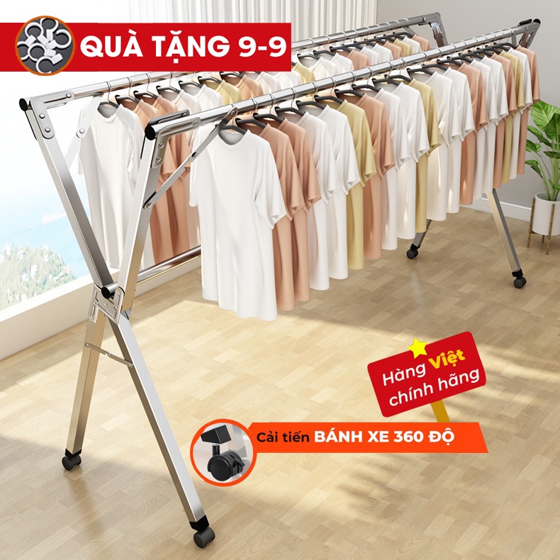 Giàn Phơi Đồ Bánh Xe Gấp Gọn Loại Khung Phơi Kèm Giá Sào Thông Minh, Cây INOX Treo Quần Áo Tặng 22 Móc Treo