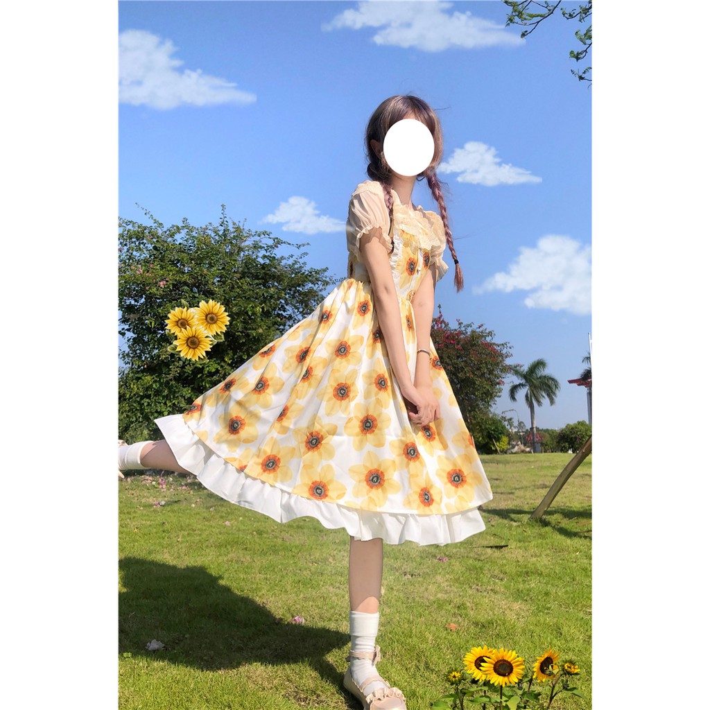 Đầm baby doll lolita tay ngắn vàng hoa hướng dương thắt nơ tay áo bong bóng ulzzang