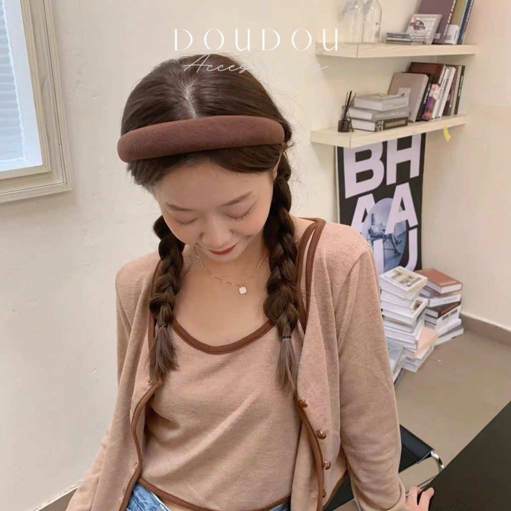 Băng đô tóc nữ DOUDOU Bờm tóc cài tóc phong cách Hàn Quốc chất liệu xốp nhung cao cấp mềm mịn tone nâu tây FG021