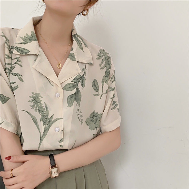 Áo Sơ Mi Chiffon Tay Ngắn Dáng Rộng In Họa Tiết Tranh Sơn Dầu Kiểu Hồng Kông Mới Cho Nữ