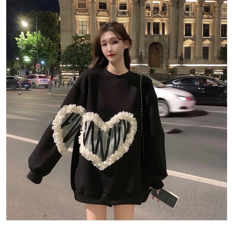 Áo sweater dáng dài màu đen hình trái tim phối ren thời trang cho nữ | BigBuy360 - bigbuy360.vn