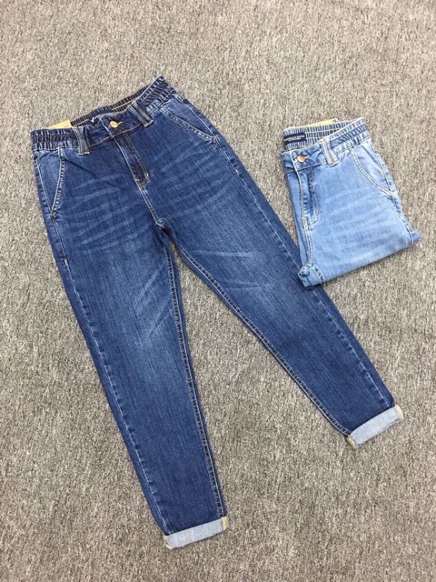 Quần jeans baggy túi xéo lưng thun nữ : trơn và xước C -Anh