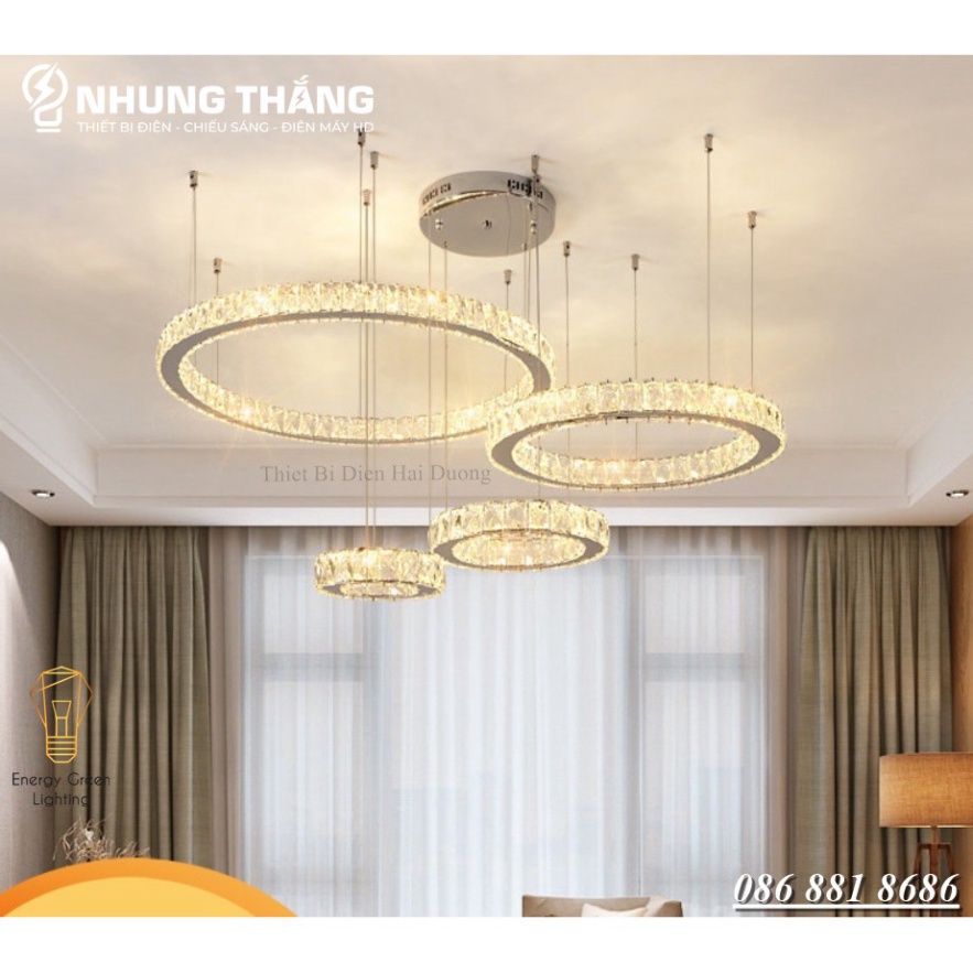 Đèn Thả Trần 4 Vòng Pha Lê CD-110 - Decor Vintage Kiểu Dáng Hiện Đại - 3 Chế Độ Ánh Sáng - Tăng Giảm Ánh Sáng