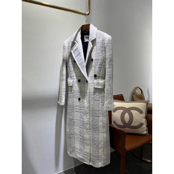 Áo khoác dạ dáng dài cổ vest hoạ tiết kẻ thương hiệu Eenk cao cấp