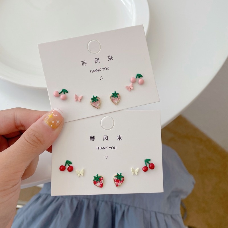Set 6 Cặp Khuyên Tai Hình Trái Tim/Bướm/Quả Dâu Tây/Bướm Phong Cách Retro Thời Trang Dành Cho Nữ