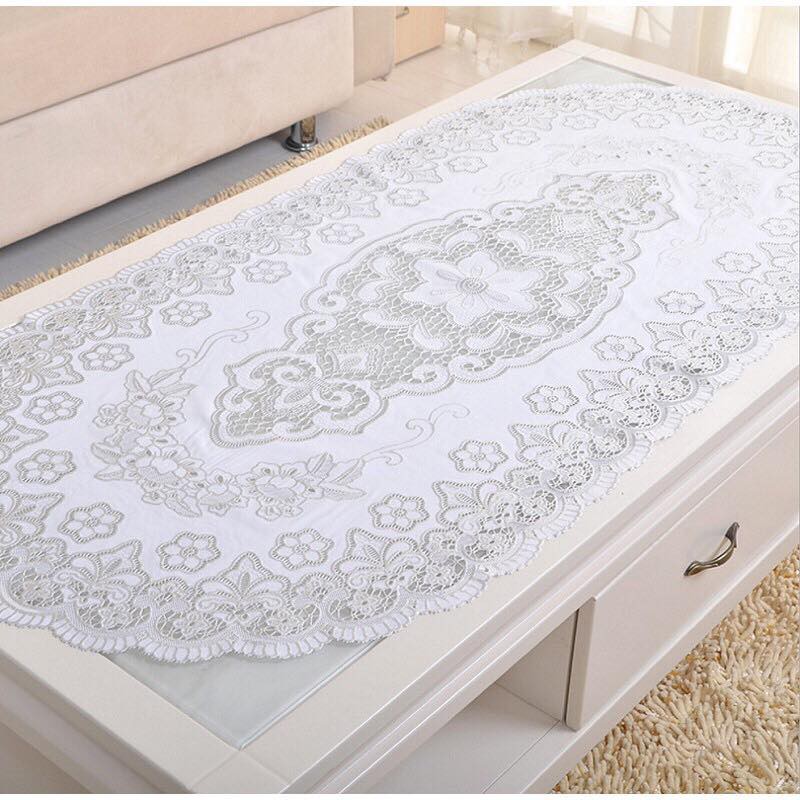 Khăn trải bàn hình oval dùng cho bàn mặt kính hoa văn nổi 3D sang trọng cỡ lớn 60x120cm (màu vàng)