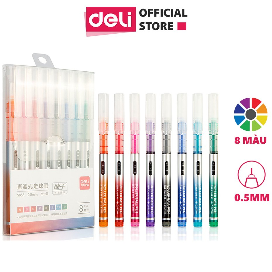 Bộ 8 bút gel nhiều màu Deli - viết 1100m - ngòi 0.5mm - Mực trơn đều  - Caligraphy, liner, đi nét, bullet -1 hộp - S855