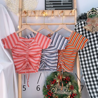 [HÌNH THẬT] ÁO THUN CROPTOP ÔM BODY SỌC NGANG RÚT DÂY 38