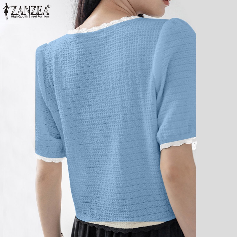 Áo ZANZEA tay phồng cổ chữ V màu tương phản phối viền ren có nút cài phong cách Hàn Quốc ngọt ngào cho nữ