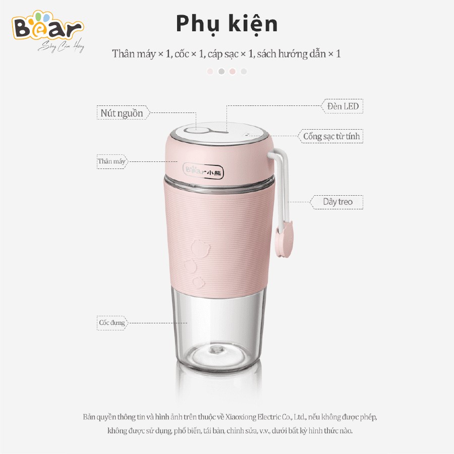 [Quốc tế] Cốc xay sinh tố mini cầm tay bỏ túi 400ml sạc pin Bear LLJ-B03C1 50W màu hồng - Hàng chính hãng