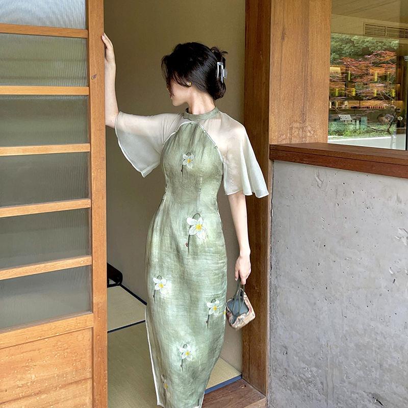 Đầm Sườn Xám Cách Tân Dáng Dài Chiết Eo Phong Cách Trung Hoa Thời Trang Cho Nữ
