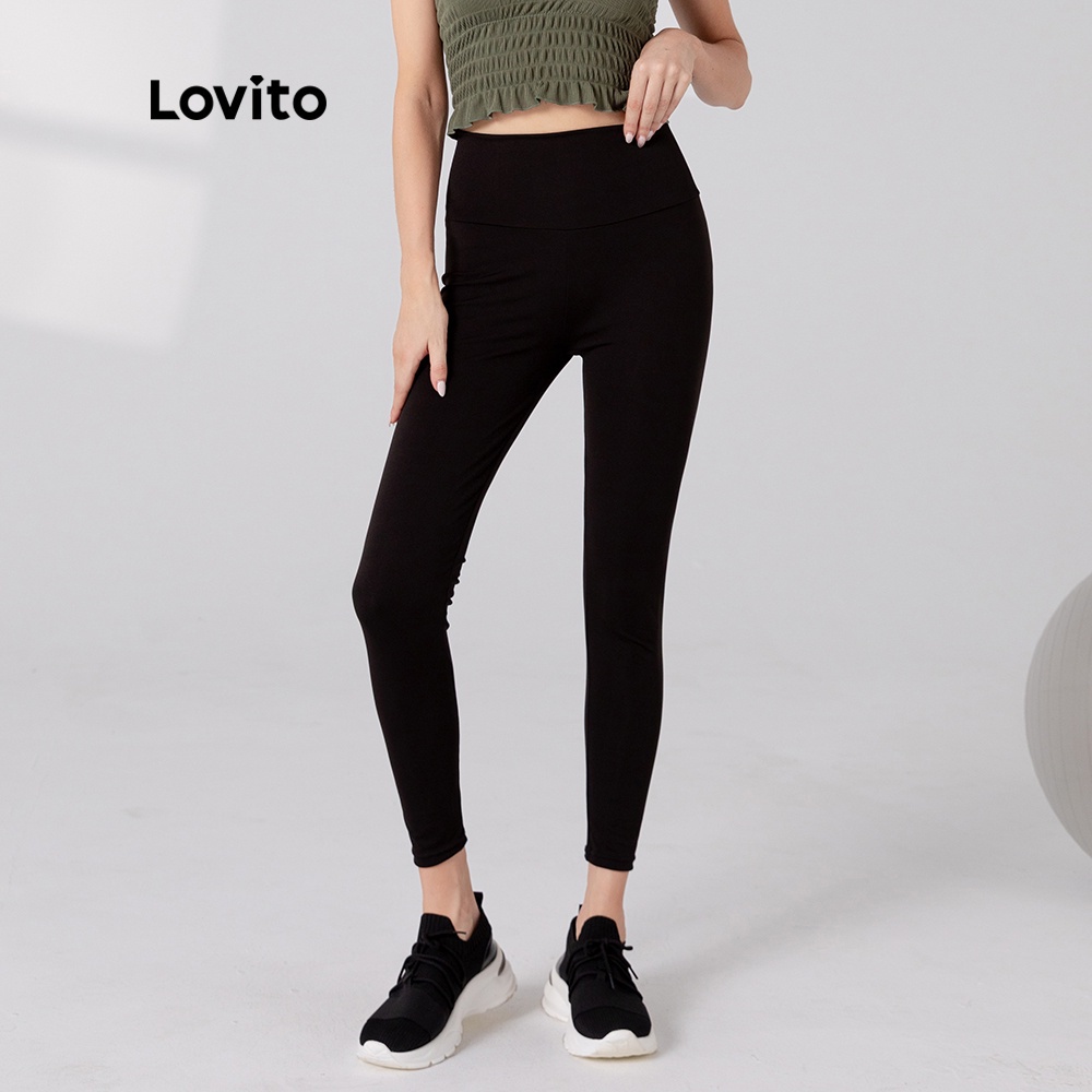 Quần Legging Lovito Phong Cách Thể Thao Nhanh Khô Màu Trơn Thắt Nơ Lưng L05227 (Đen) | BigBuy360 - bigbuy360.vn