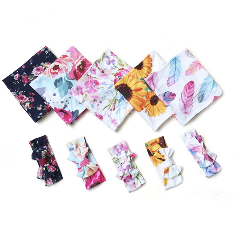 Set 2 Món Gồm Chăn Quấn Và Băng Đô In Họa Tiết Hoa Muslin Dành Cho Bé Sơ Sinh