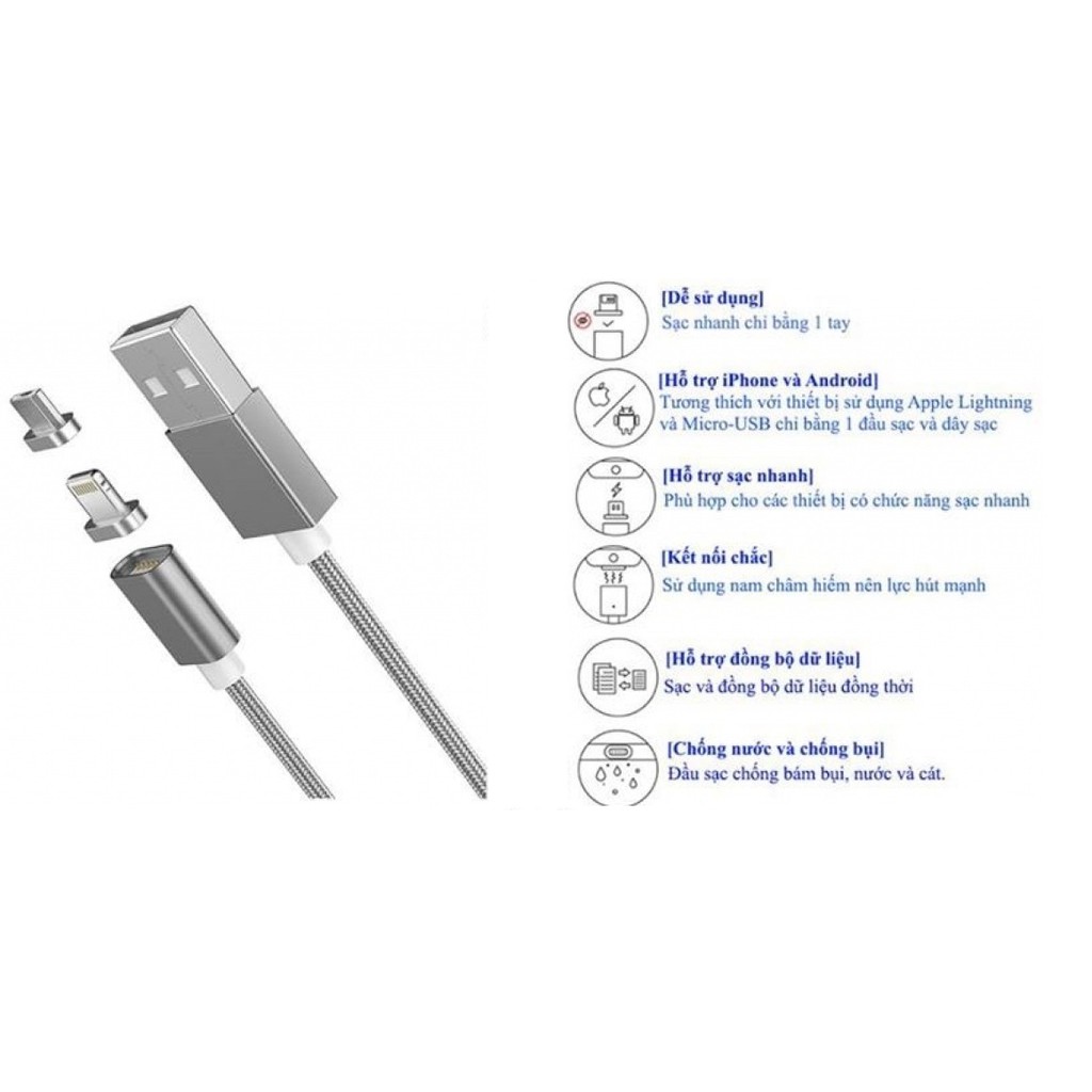 Cáp Sạc từ hít nam châm 3 đầu hút xoay 360 độ cho  smartphone ( phát sáng) ( tặng bộ bảo vệ cáp sạc )