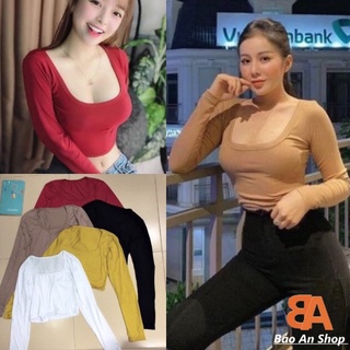 Áo croptop nữ cổ vuông tay dài ( có ảnh thật)