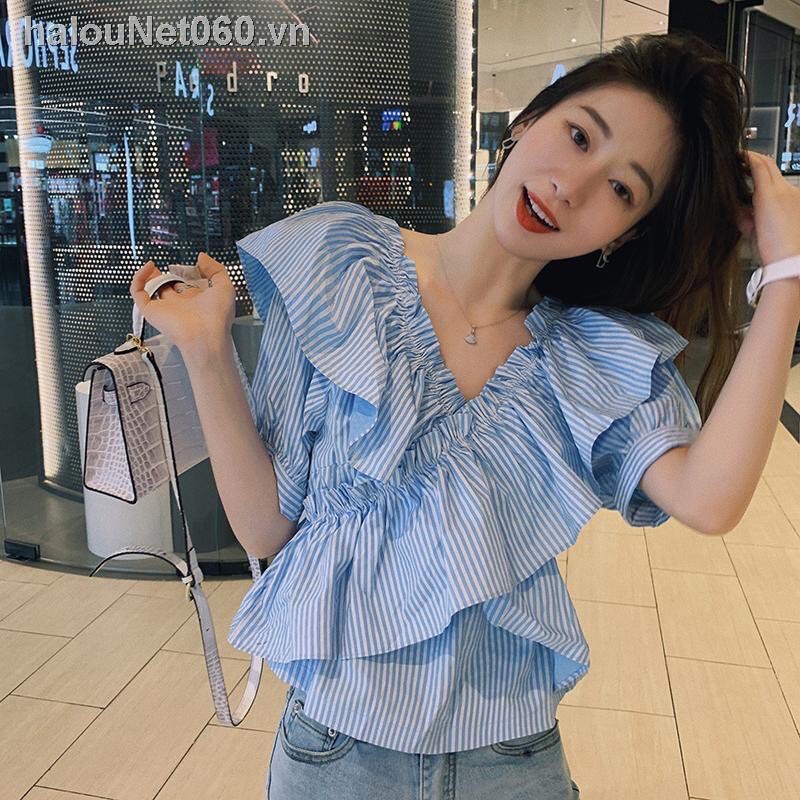 Áo Kiểu Cổ Chữ V Kẻ Sọc Màu Xanh Dương Ngắn Tay Thời Trang Mùa Hè Cho Nữ