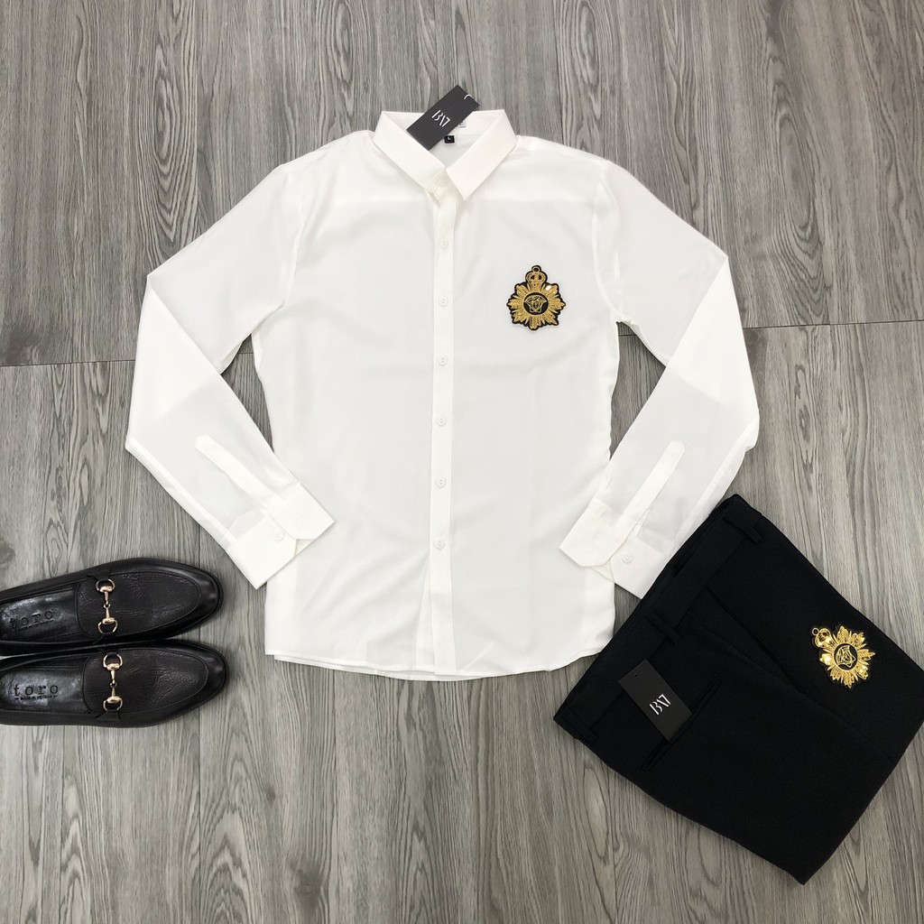 Sơ Mi Trắng Nam Phối Họa Tiết Thêu KimSa cao cấp ,Vải Lụa Chống Nhăn