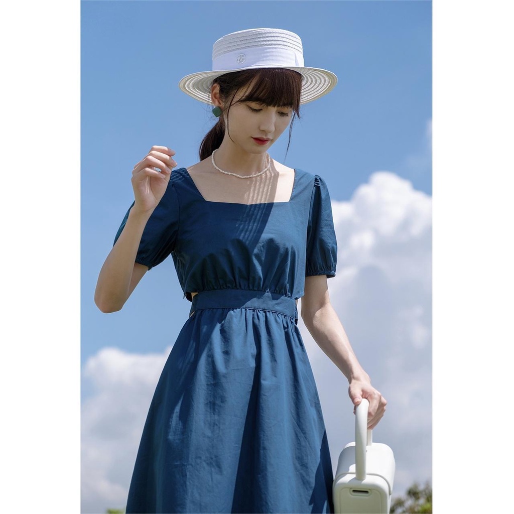 Đầm Cổ Vuông Tay Phồng Phối Nơ Phong Cách Hàn Quốc Thời Trang