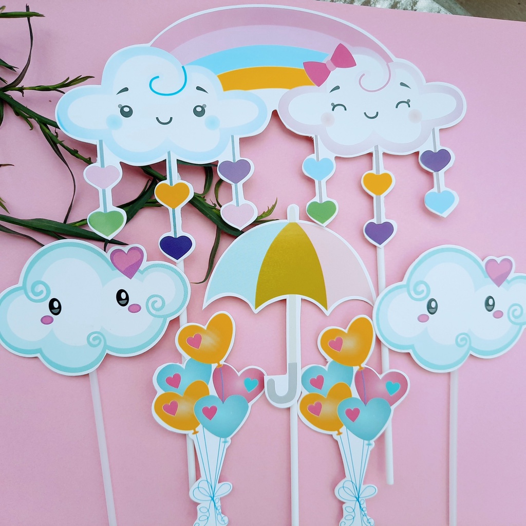 que cắm bánh kem [FREESHIP] set cắm giấy mây cầu vồng mưa