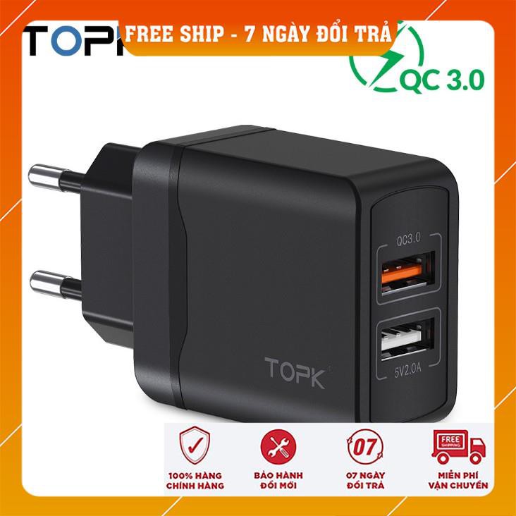 [FREESHIP] Củ sạc nhanh (cục sạc) chia hai cổng kết nối USB TOPK sạc nhanh 28W QC 3.0 đầu cắm EU cho khi du lịch