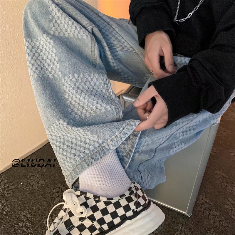 Quần jean ống rộng họa tiết sọc ca rô phong cách Hàn Quốc cá tính thời trang