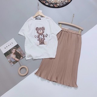 Set áo pull hình gấu mix chân váy dập ly