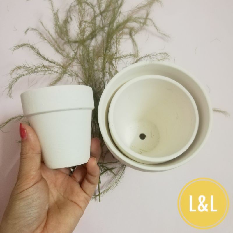 Bộ 3 chậu đất nung vành miệng trắng xinh xắn trồng cây cảnh để bàn, cây cảnh mini, sen đá, xương rồng