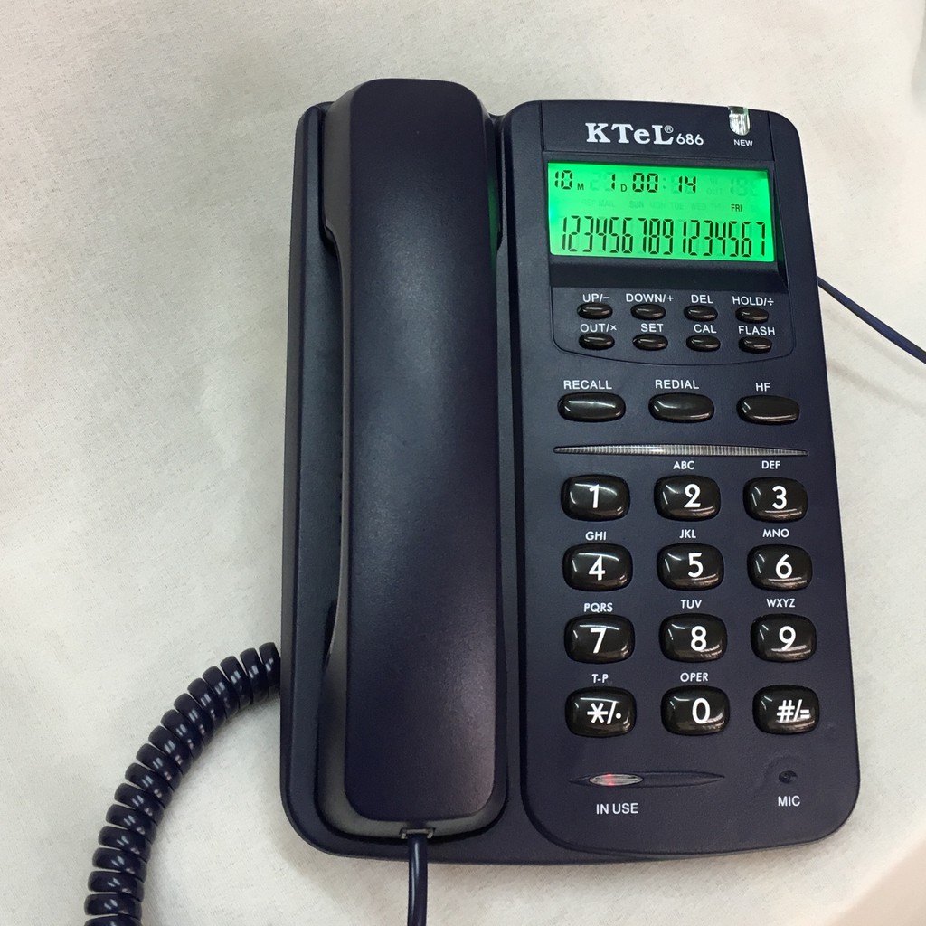 Điện thoại văn phòng, điện thoại khách sạn, gia đình, loại có dây để bàn, có màn hình hiện số gọi tới. 686