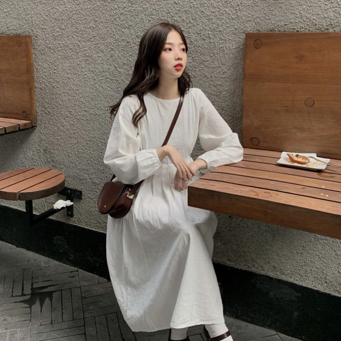 Váy xòe dáng dài tay dây rút eo đơn giản Hàn Quốc Có ảnh thật