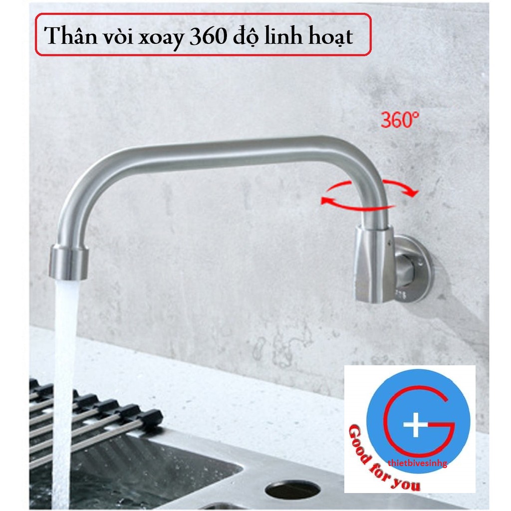 Vòi nước rửa chén bát  gắn tường inox 304 - vòi bếp công nghiệp xoay 360 độ