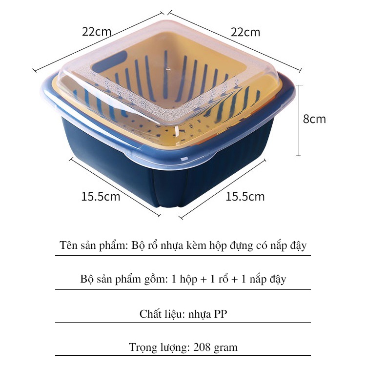 Hộp nhựa kèm rổ đựng rau củ quả để ráo nước có nắp đậy bảo quản trong tủ lạnh - Hộp đựng thực phẩm để tủ lạnh (HKR03)