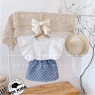 Set váy áo cánh tiên chấm bị cho bé gái chất đũi mặc cực mát cực đẹp