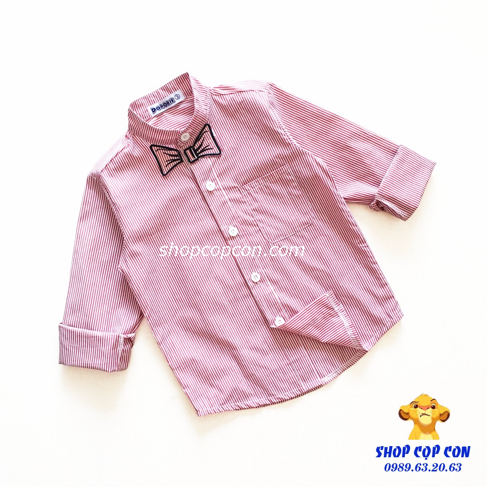 Áo sơ mi tay dài cổ trụ thêu nơ cho bé trai từ 16-48kg