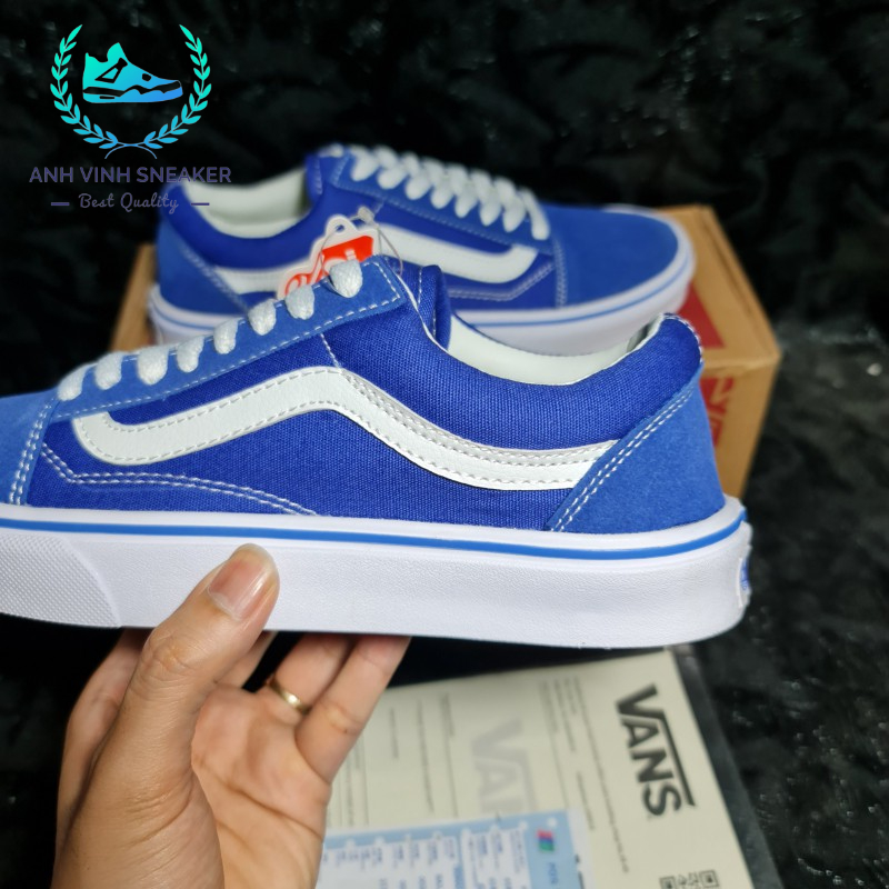 Giày Vans Old Skool Xanh Sọc Trắng Blue White Nam Nữ Cổ Thấp