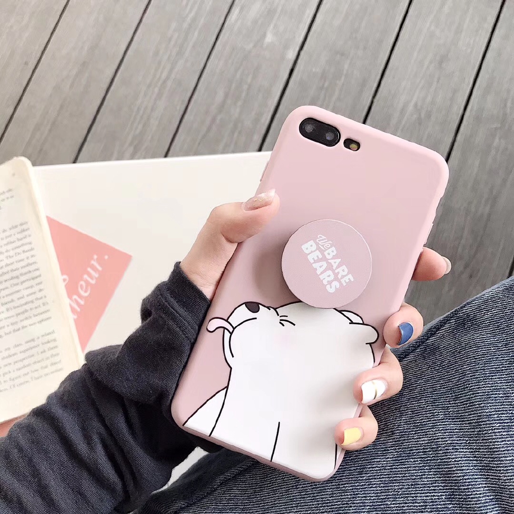 Ốp lưng OPPO A53 A92 A31 A12 A9 A7 A5 A5s A3s A1K F11 F9 F7 F1s A52 Realme 5 5i 3 C11 C3 C2 C1 Pro 2020 Cute Sit up Bear Soft Case Cover+Stand