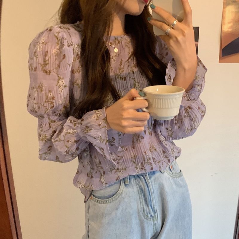 Áo sơ mi chiffon in hoa dáng rộng che khuyết điểm cho nữ