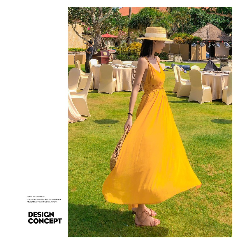 (CÓ SẴN)ĐẦM MAXI VÁY MAXI VÀNG HỞ LƯNG ĐI BIỂN QUẢNG CHÂU | BigBuy360 - bigbuy360.vn