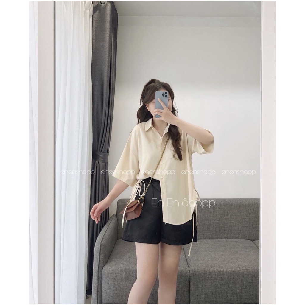 Áo sơ mi ngắn tay chất lụa hàn không nhăn 2 bên buộc dây, áo sơ mi lụa thắt dây eo