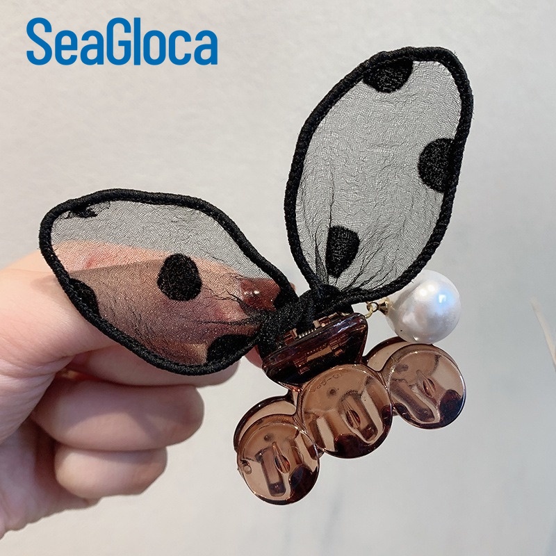 Kẹp tóc Seagloca hình tai thỏ dễ thương chất liệu ren đính ngọc trai giả họa tiết chấm bi