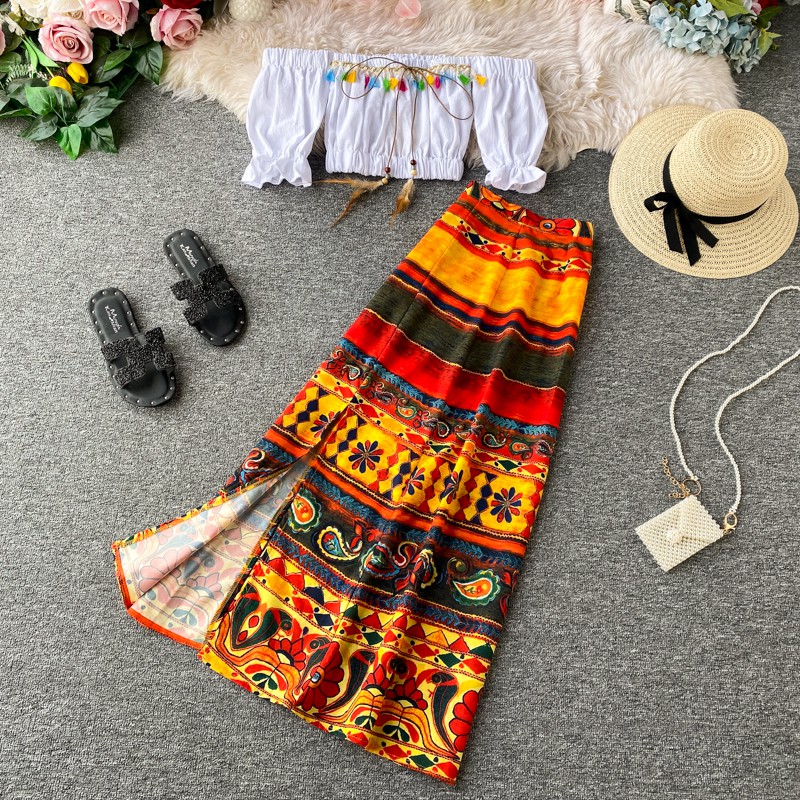 (ORDER) Set áo trễ vai + váy xẻ phong cách vintage bohemieng phù hợp mùa hè, đi biển, dạo phố, đi chơi. HÀNG QCCC