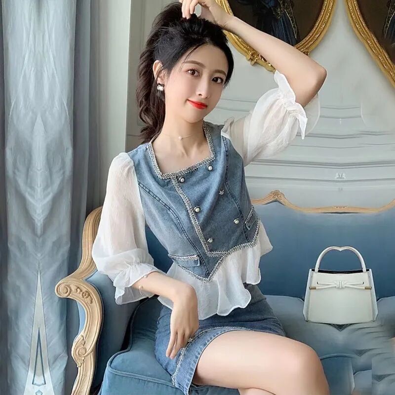 Set Áo Thun Ngắn Tay + Chân Váy Denim Thời Trang Cho Nữ